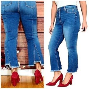 NWOT Loft High Waist Flare Crop Dark Blue Jeans Size 28 Petite Back Slit Raw Hem